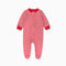 Red stripe zip baby sleepsuit with covered feet and a tab at the neck, laid flat
