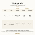 Size guide for 0 to 6 months: baby's height, garment length and chest