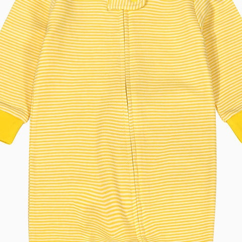Close-up of the yellow pinstripe print, the cotton jersey and the zip