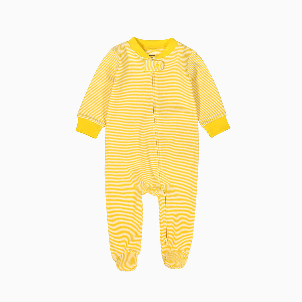 Yellow pinstripe zip baby sleepsuit with covered feet and a tab at the neck, laid flat