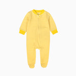 Yellow pinstripe zip baby sleepsuit with covered feet and a tab at the neck, laid flat
