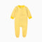 Yellow pinstripe zip baby sleepsuit with covered feet and a tab at the neck, laid flat