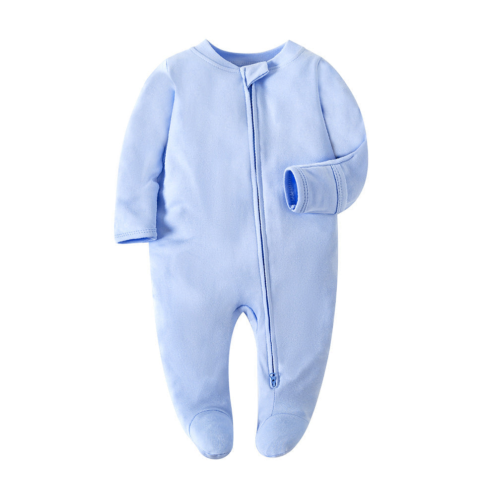Plain baby blue romper with a zip from one ankle to the neck, covered feet and fold-over cuffs, laid flat