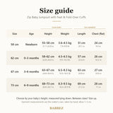 Size guide for newborn to 9 months: baby's height and weight, garment length and chest