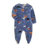 Blue Dinosaur print baby romper with a zip from one ankle to the neck, covered feet and fold-over cuffs, laid flat