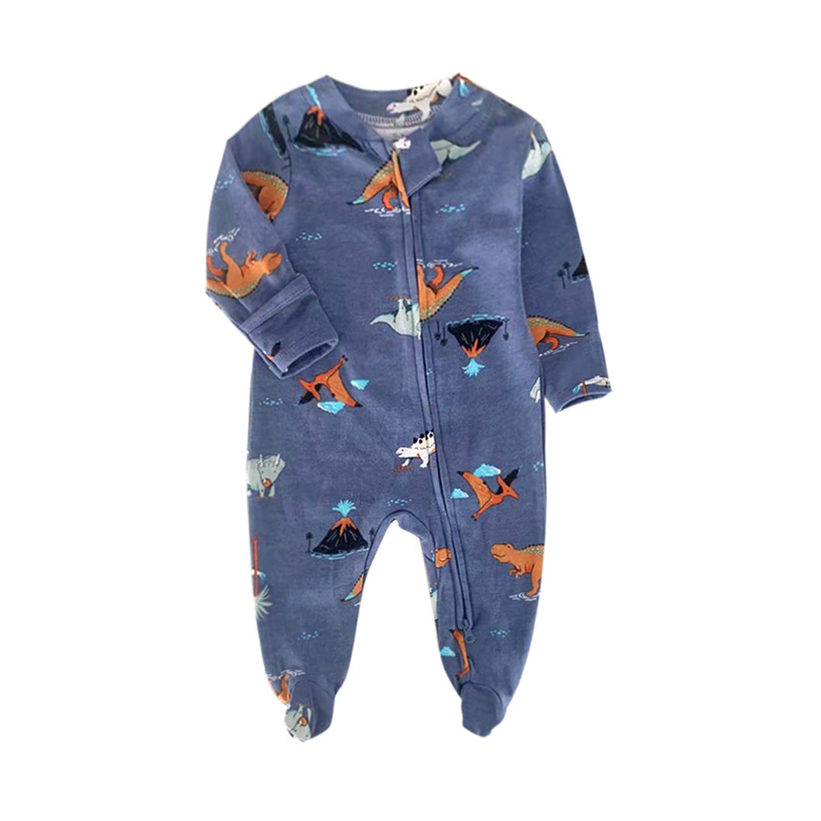 Zip Baby Jumpsuit with Feet & Fold-Over Cuffs – Blue Dinosaur