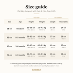 Size guide for newborn to 9 months: baby's height and weight, garment length and chest
