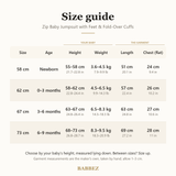 Size guide for newborn to 9 months: baby's height and weight, garment length and chest
