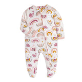 Cream Rainbow print baby romper with a zip from one ankle to the neck, covered feet and fold-over cuffs, laid flat