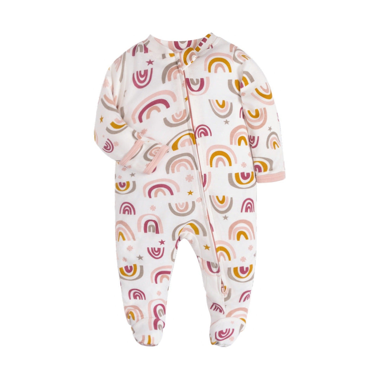 Zip Baby Jumpsuit with Feet & Fold-Over Cuffs – Cream Rainbow