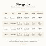 Size guide for newborn to 9 months: baby's height and weight, garment length and chest
