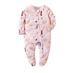 Pink Boho print baby romper with a zip from one ankle to the neck, covered feet and fold-over cuffs, laid flat