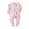 Pink Boho print baby romper with a zip from one ankle to the neck, covered feet and fold-over cuffs, laid flat