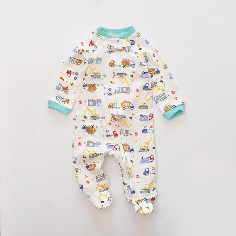 Cream digger zip baby sleepsuit with covered feet and a snap tab at the neck, laid flat