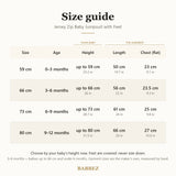 Size guide for 0 to 12 months: baby's height, garment length and chest