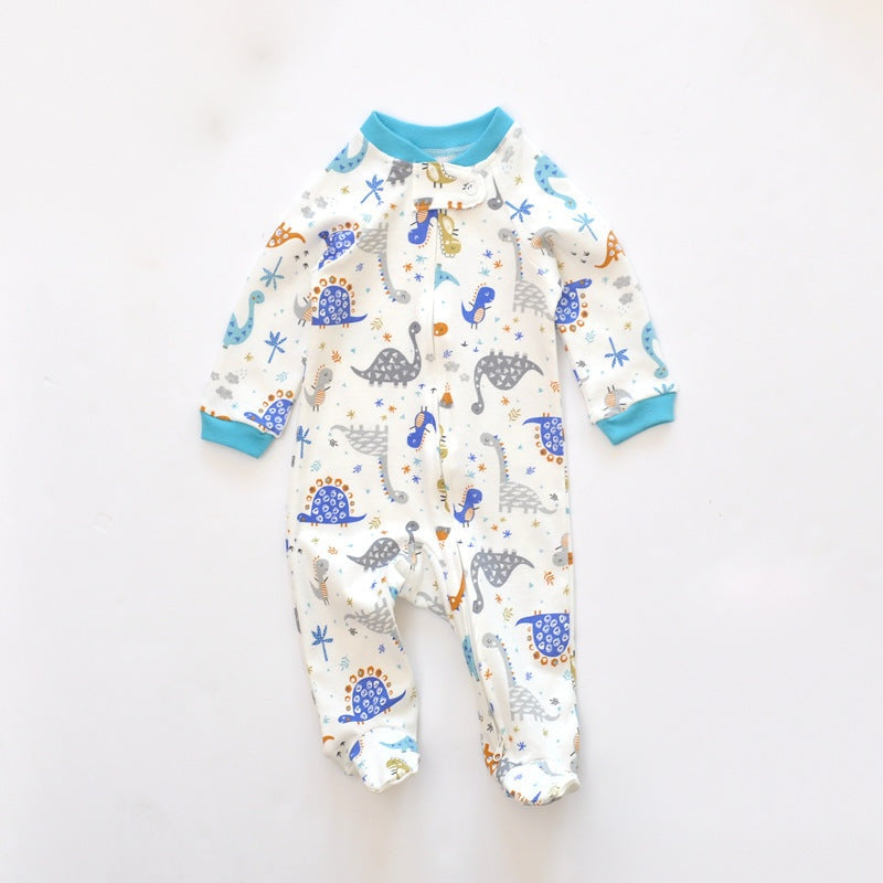 Cream dino zip baby sleepsuit with covered feet and a snap tab at the neck, laid flat