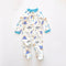Cream dino zip baby sleepsuit with covered feet and a snap tab at the neck, laid flat