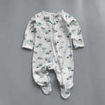 Grey construction zip baby sleepsuit with covered feet and fold-over hand cuffs, laid flat