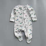 Grey construction zip baby sleepsuit with covered feet and fold-over hand cuffs, laid flat