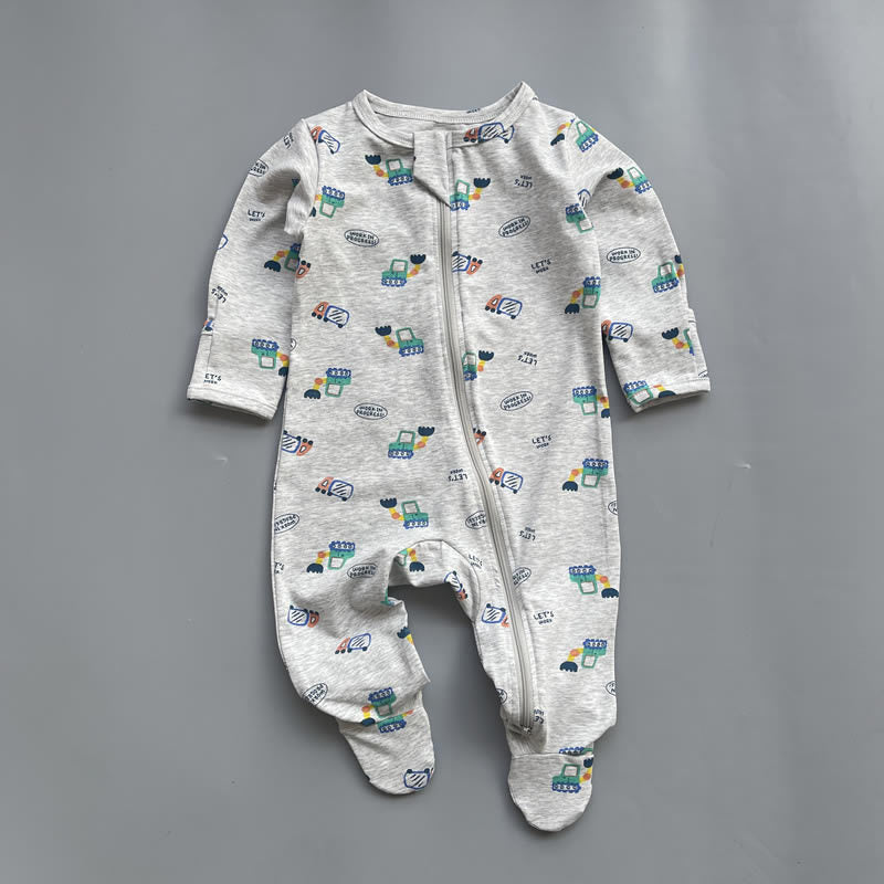 Grey construction zip baby sleepsuit with covered feet and fold-over hand cuffs, laid flat