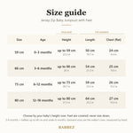 Size guide for 0 to 18 months: baby's height, garment length and chest