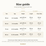 Size guide for 0 to 18 months: baby's height, garment length and chest