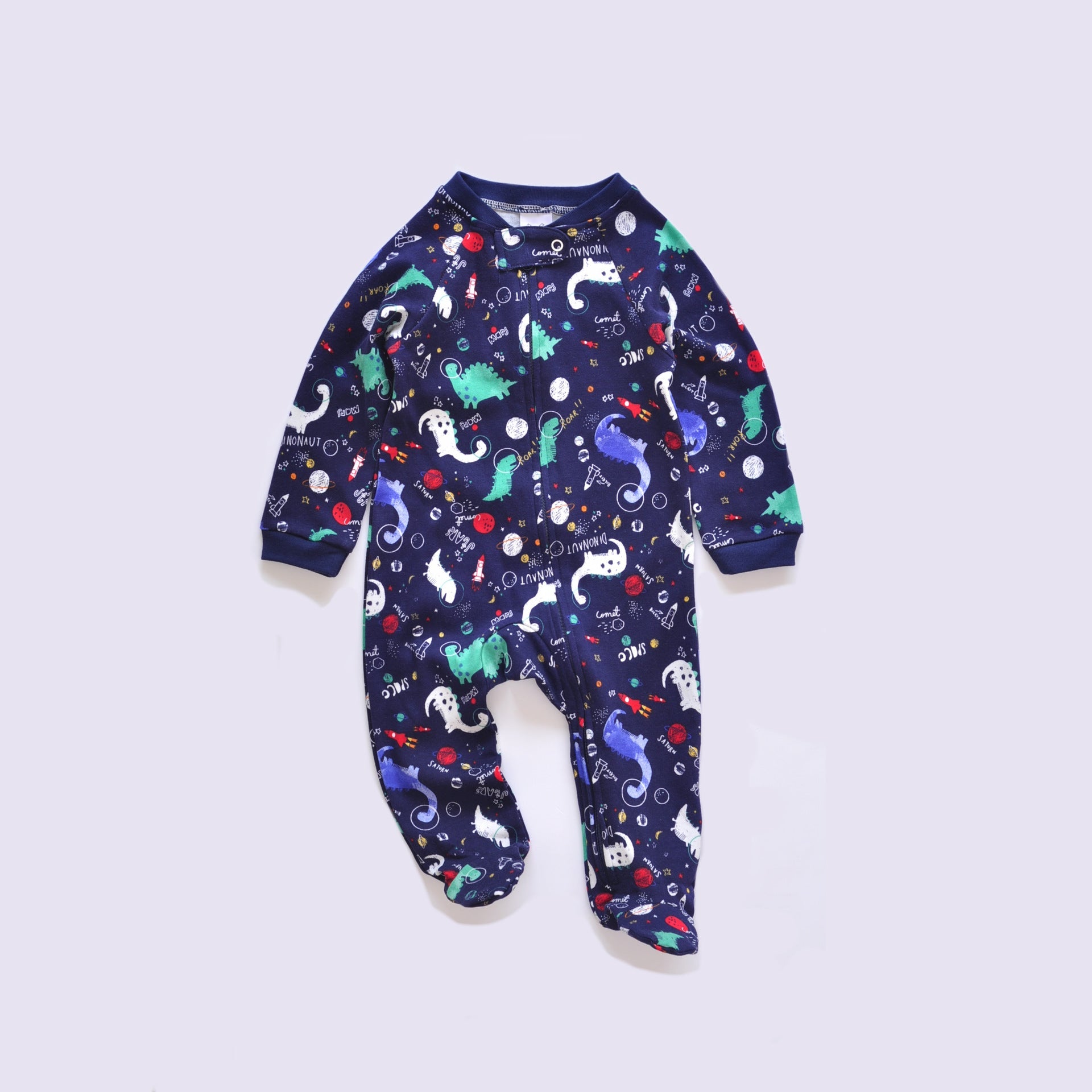 Jersey Zip Baby Jumpsuit with Feet – Navy Dinosaur