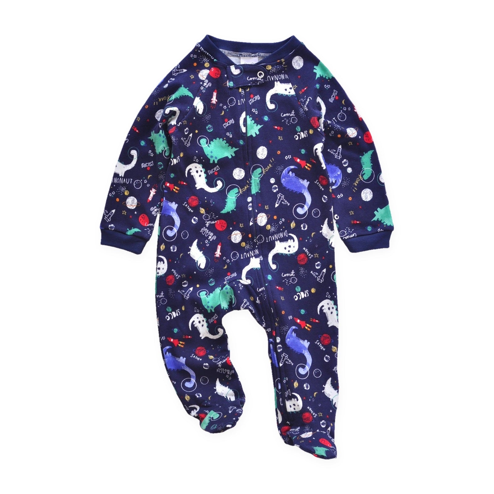 Jersey Zip Baby Jumpsuit with Feet – Navy Dinosaur