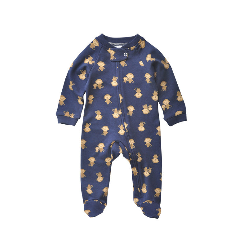 Navy monkey zip baby sleepsuit with covered feet and a snap tab at the neck, laid flat