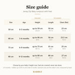 Size guide for 0 to 12 months: baby's height, garment length and chest