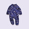 Navy rocket zip baby sleepsuit with covered feet and a snap tab at the neck, laid flat