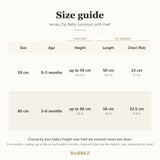 Size guide for 0 to 6 months: baby's height, garment length and chest