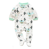 White cactus zip baby sleepsuit with covered feet and a snap tab at the neck, laid flat