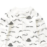 Close-up of the white moustache print, the cotton jersey and the top of the zip
