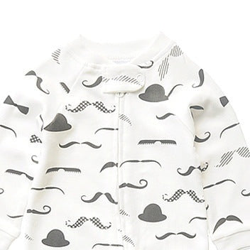Close-up of the white moustache print, the cotton jersey and the top of the zip