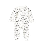 White moustache zip baby sleepsuit with covered feet and a snap tab at the neck, laid flat