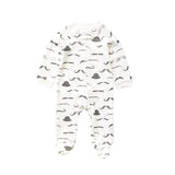 White moustache zip baby sleepsuit with covered feet and a snap tab at the neck, laid flat