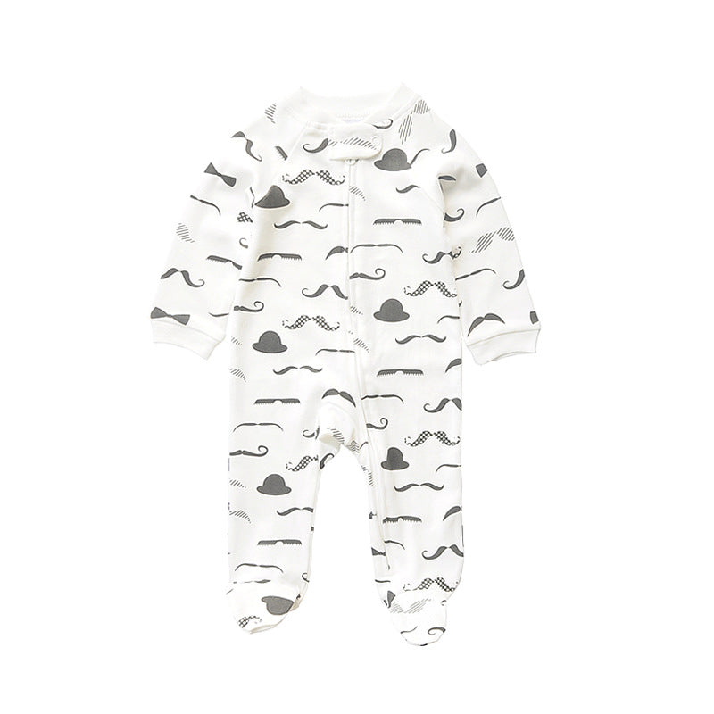 White moustache zip baby sleepsuit with covered feet and a snap tab at the neck, laid flat