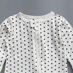 Close-up of the white navy polka dot print, the cotton jersey and the top of the zip