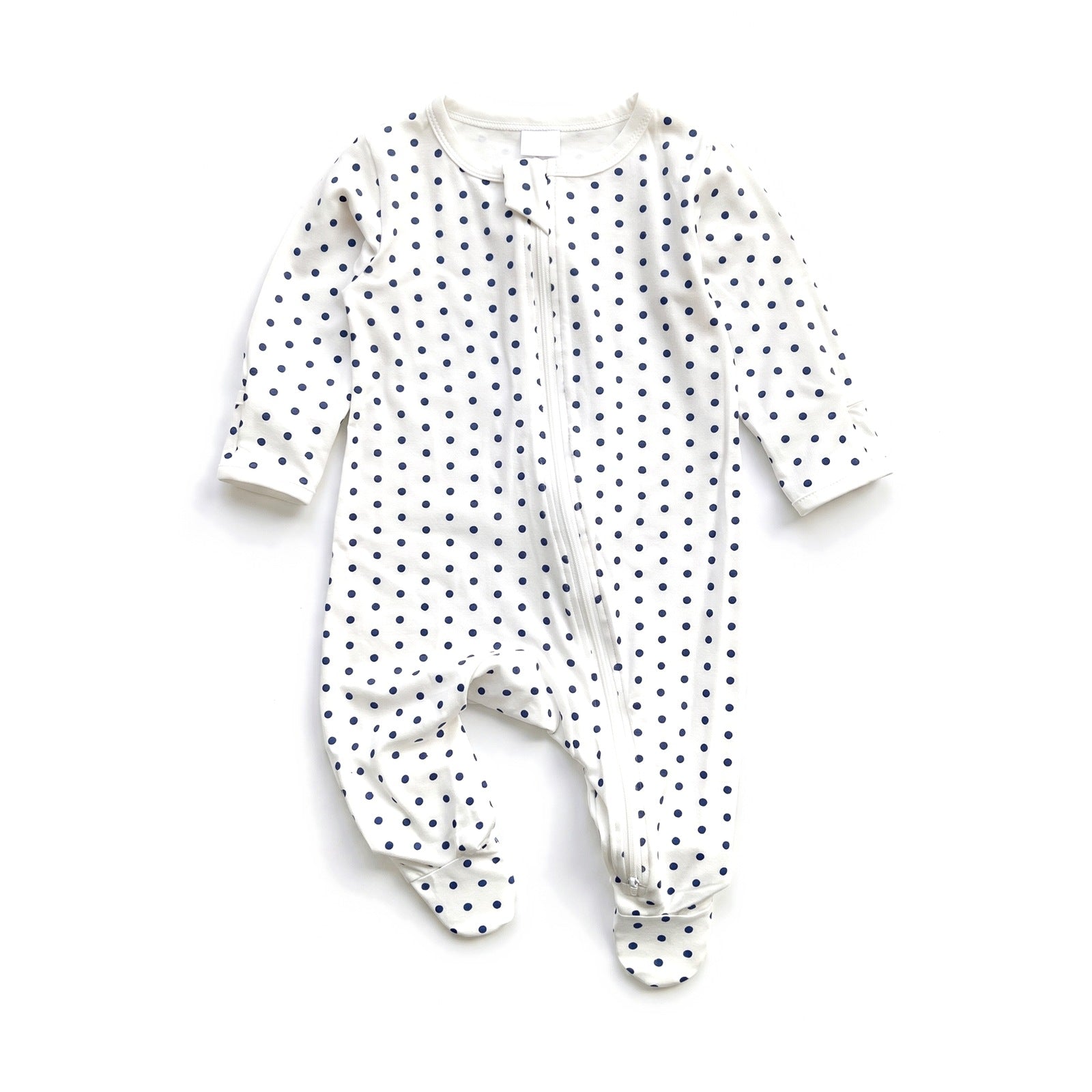 Jersey Zip Baby Jumpsuit with Feet – White Navy Polka Dot