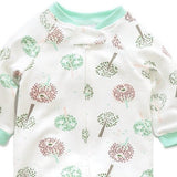 Close-up of the white tree print, the cotton jersey and the top of the zip