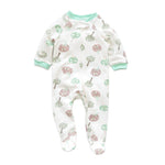 White tree zip baby sleepsuit with covered feet and a snap tab at the neck, laid flat