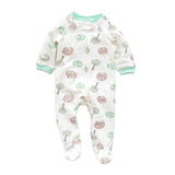 White tree zip baby sleepsuit with covered feet and a snap tab at the neck, laid flat