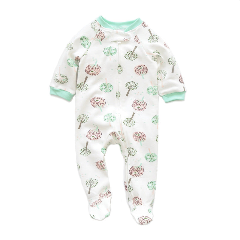 White tree zip baby sleepsuit with covered feet and a snap tab at the neck, laid flat