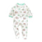 White tree zip baby sleepsuit with covered feet and a snap tab at the neck, laid flat