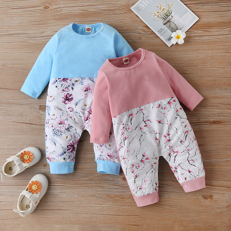 Small Fresh Print Color-Blocking Romper for Infants - Perfect for Autu