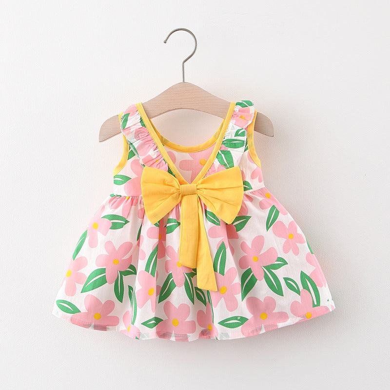 Charming Girls' Dress with Oversized Bow and Floral Accents