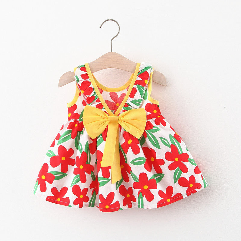 Charming Girls' Dress with Oversized Bow and Floral Accents