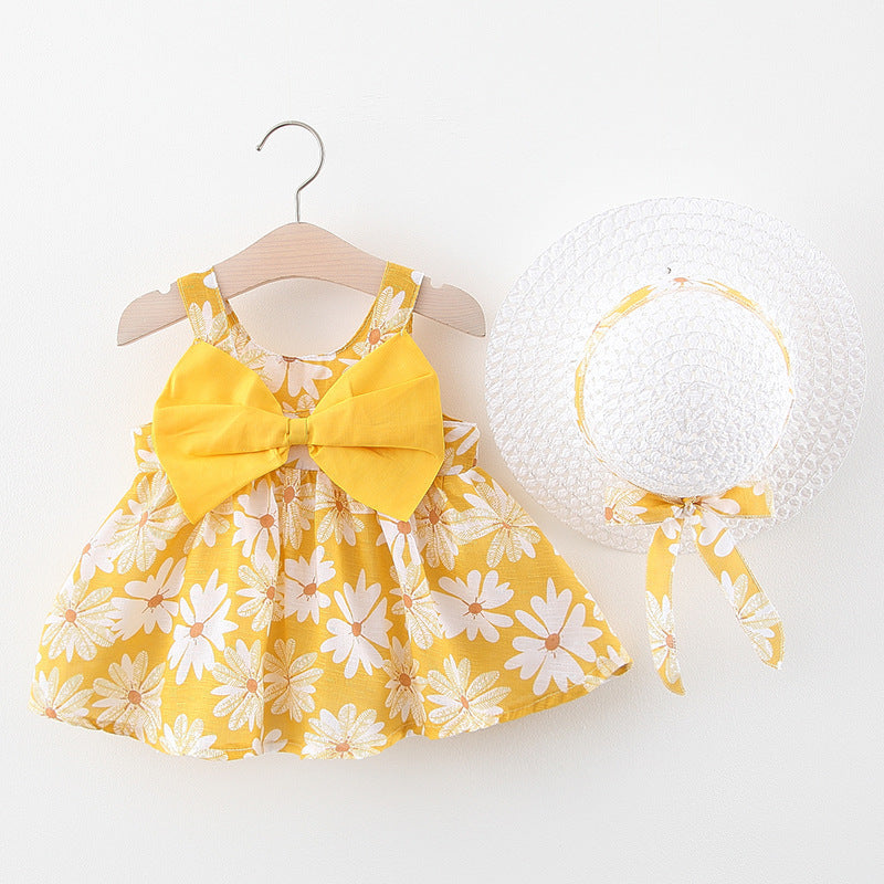 Korean Treasure Printed Baby Girl Sling Dress with Bowknot and Free Ha