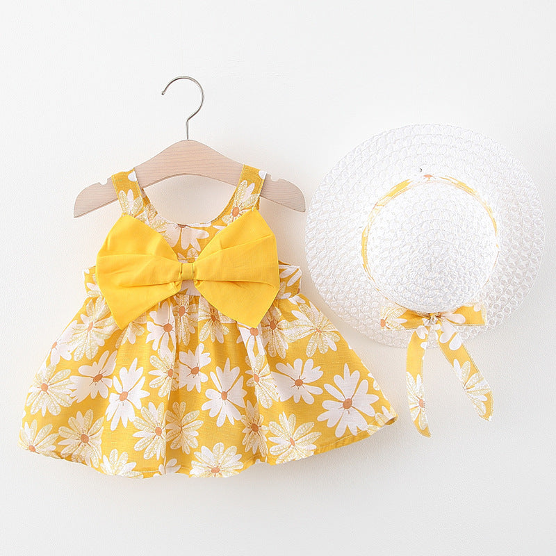 Korean Treasure Printed Baby Girl Sling Dress with Bowknot and Free Hat